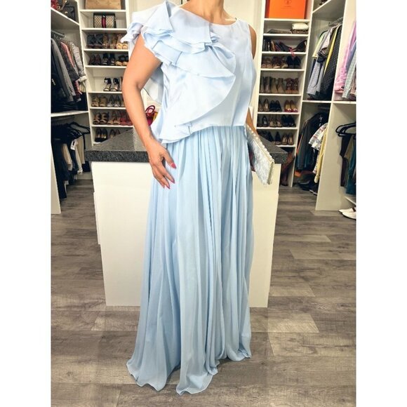 NWT Badgley Mischka Georgette Blue Silk Formal Gown $795 - Picture 8 of 9